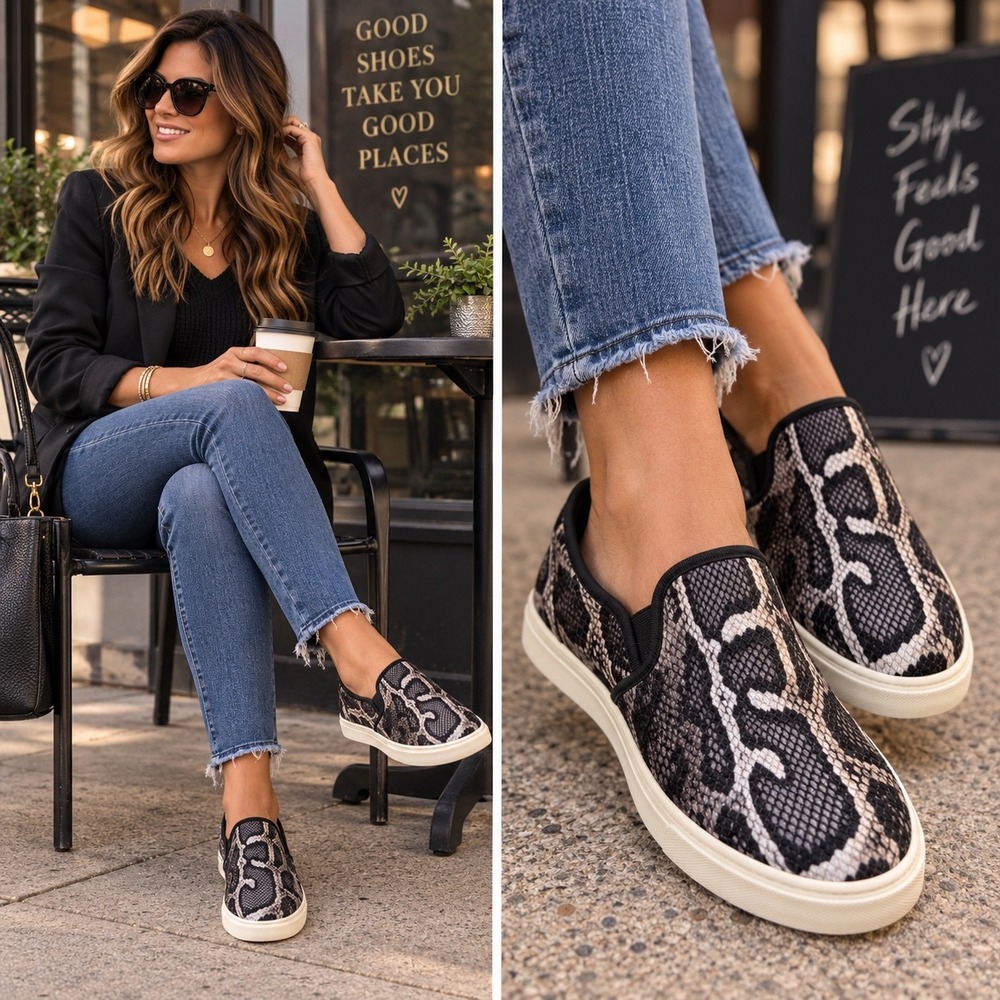 Sofft Womens Snakeskin Print Slip On Sneakers Black Grey SF0003358 Size 8.5M